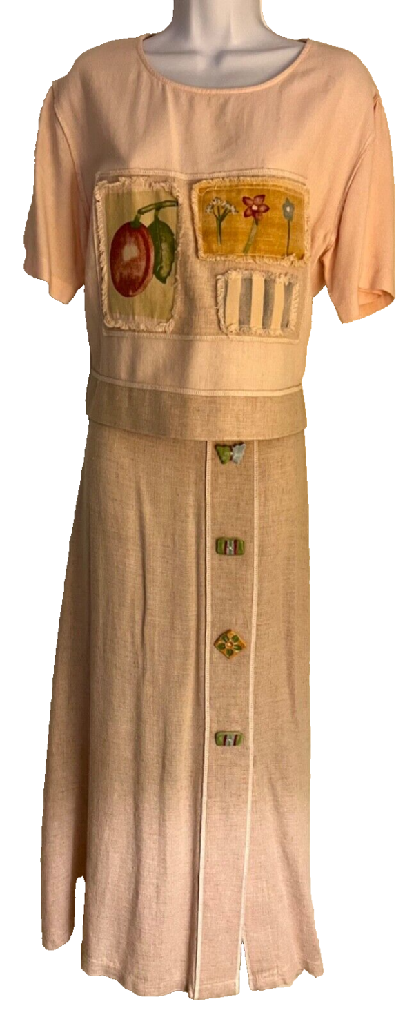 PHYLLIS MAXX LADIES X-SMALL TOP & MAXI SKIRT SET GARDEN THEME EMBROIDERY CERAMIC - Image 2