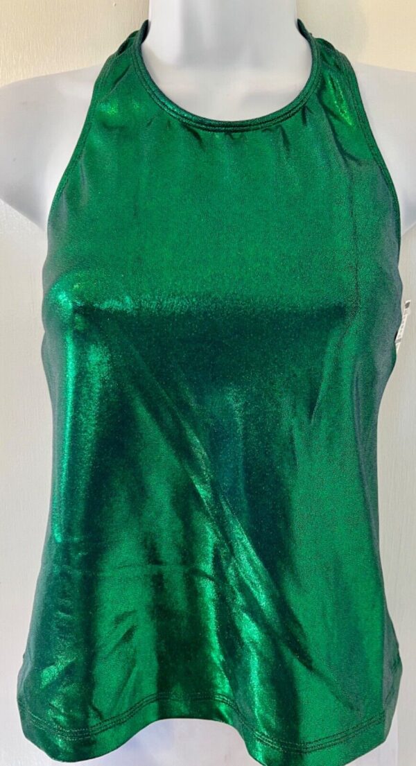 GK DANCE JAZZ CHEER LADIES SMALL EVERGREEN MYSTIQUE FOIL HALTER TOP Sz AS NWT!