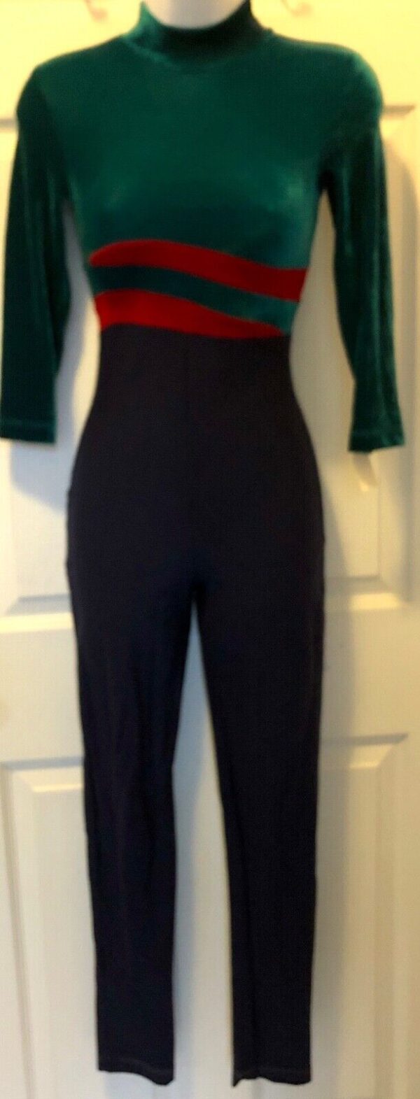 GK ICE SKATE LADIES SMALL 3/4SLV GREEN VELVT TURTLENK NAVY C/L DANCE UNITARD AS