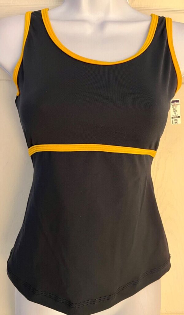 GK DANCE CHEER LADIES SMALL NAVY YELLOW DRY TECH V-NECK PERFORM TOP Sz AS NWT!