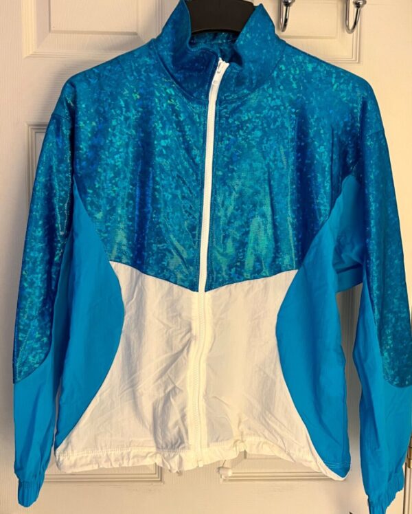 GK SUPPLEX WARM UP JACKET ADULT SMALL TURQUOISE FOIL WHITE GYMNASTIC CHEER Sz AS