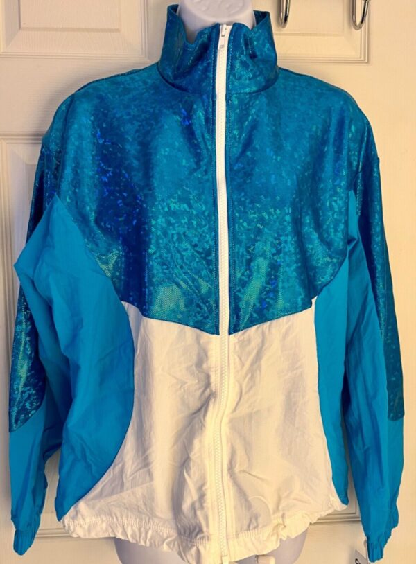 GK SUPPLEX WARM UP JACKET ADULT SMALL TURQUOISE FOIL WHITE GYMNASTIC CHEER Sz AS - Image 3