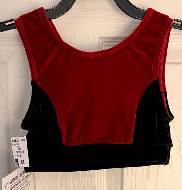 GK RED VELVET CROP TOP CHILD LARGE SLVLS BLACK VELVET TRIM DANCE GYMNASTS CL NWT - Image 6