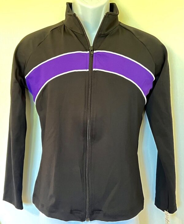 GK BLACK DRYTECH ADULT SMALL UNISEX PURPLE ACCENT GYMNASTICS WARM UP JACKET AS