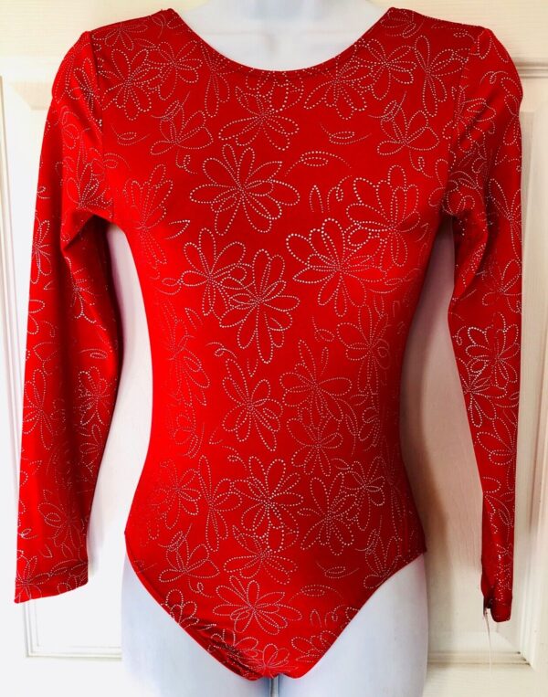 GK LgS LADIES SMALL RED N/S SPARKLE FLORAL PRINT GYMNASTICS DANCE LEOTARD AS NWT