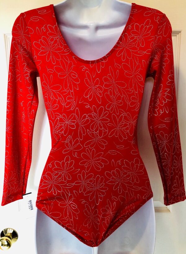 GK LgS LADIES SMALL RED N/S SPARKLE FLORAL PRINT GYMNASTICS DANCE LEOTARD AS NWT - Image 3