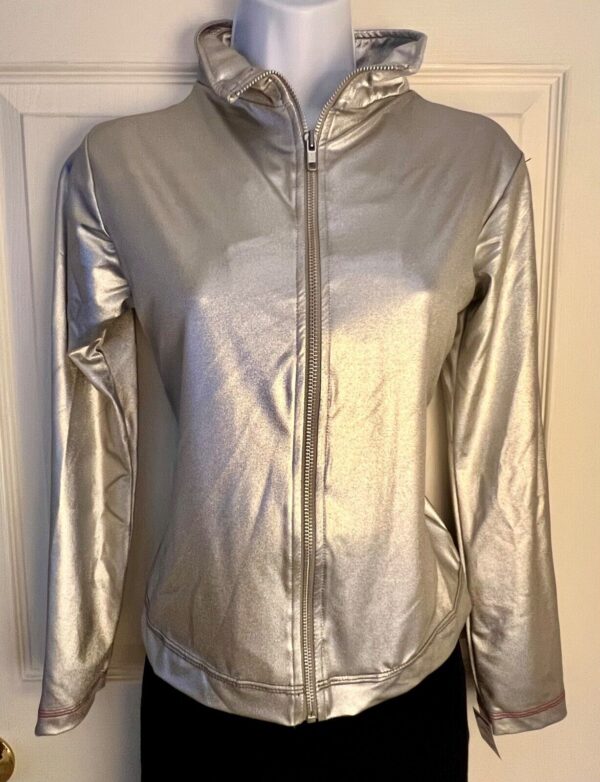 GK WARM UP JACKET ADULT SMALL SILVER METALLIC ZIP FRONT GYMNASTICS DANCE CHEER S