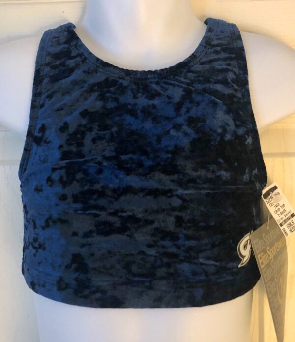 GK ELITE JAZZ DANCE CHEER GIRLS MEDIUM NAVY CRUSHED VELVET TANK CROP TOP Sz CM