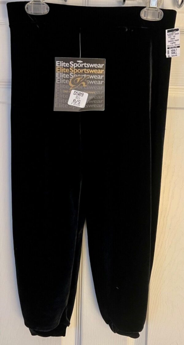 GK ELITE DANCE LADIES SMALL BLACK SMOOTH VELVET CUFFED CAPRI PANTS Sz AS NWT! - Image 2