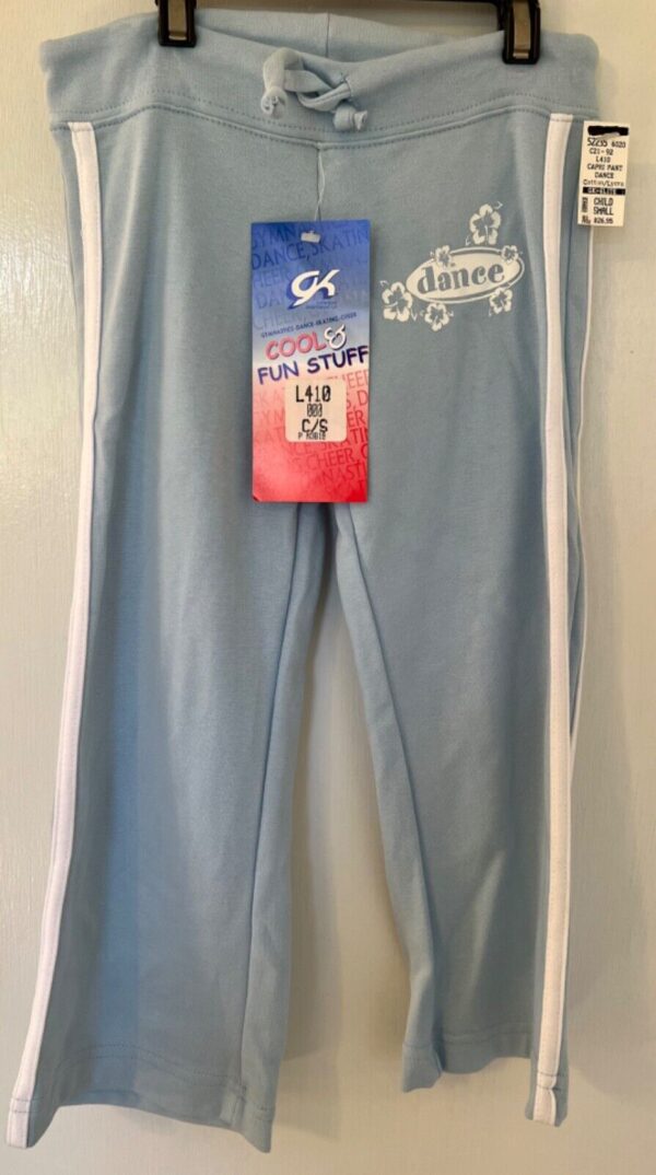 GK 'DANCE' GRAPHIC CHILD SMALL LIGHT BLUE COTTON/SPANDEX CAPRI PANTS Sz CS