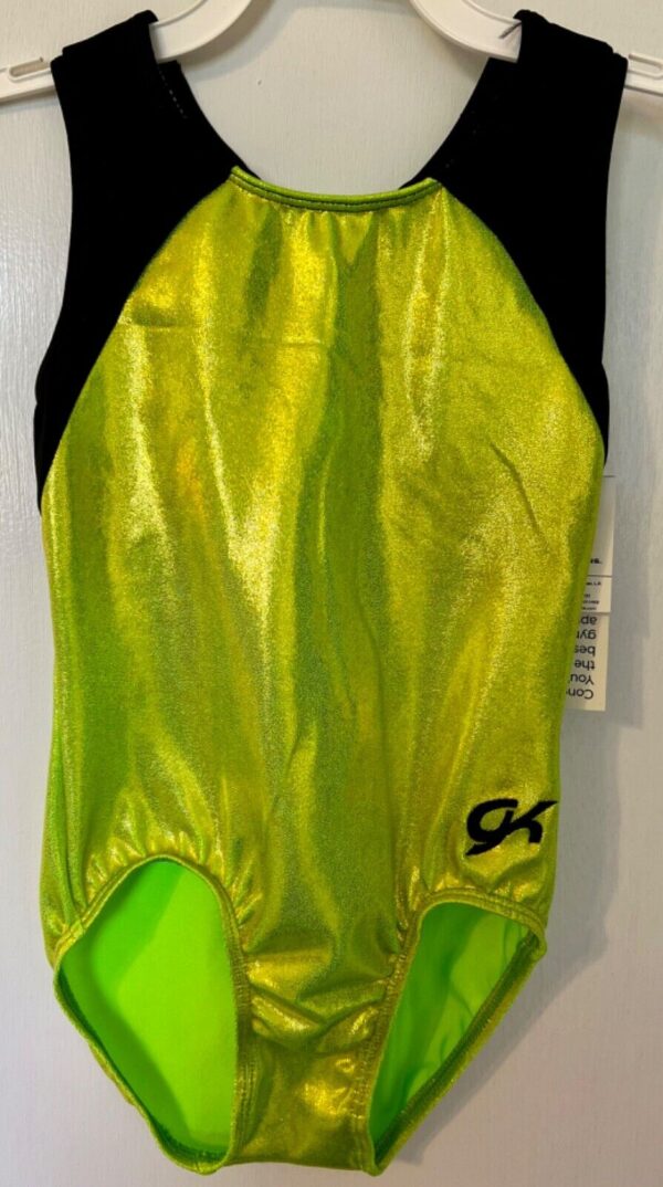 GK LEMON LIME MYSTIQUE GIRLS LARGE BLACK N/S GYMNASTIC DANCE TANK LEOTARD Sz CL