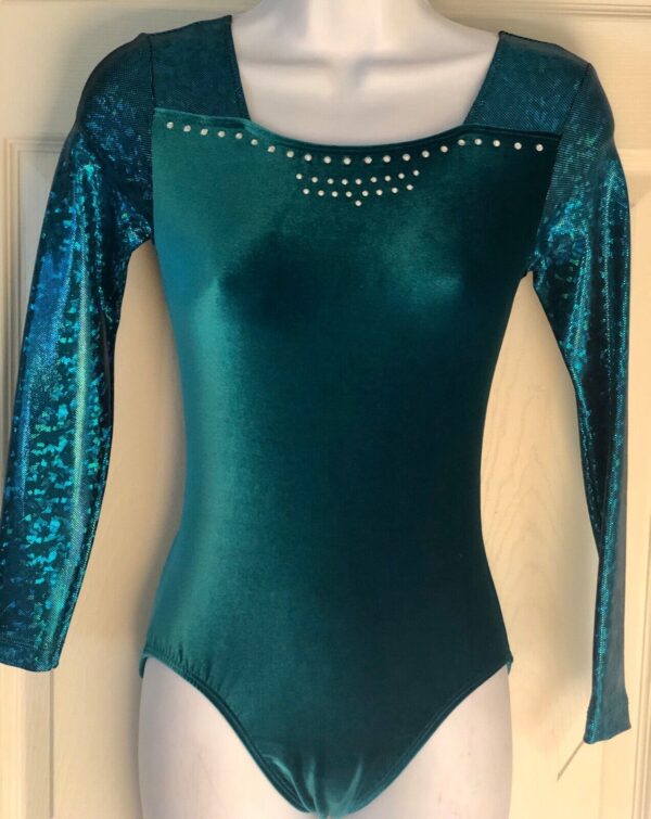 GK Elite GREEN FOIL VELVET JA LgS GYMNASTIC DANCE LEOTARD AXS NWT!