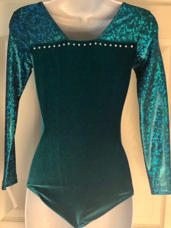 GK Elite GREEN FOIL VELVET JA LgS GYMNASTIC DANCE LEOTARD AXS NWT! - Image 3