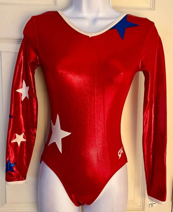 GK ELLgSLV LADIES SMALL RED FOIL BLUE WHITE STARS GYMNASTIC DANCE LEOTARD Sz AS