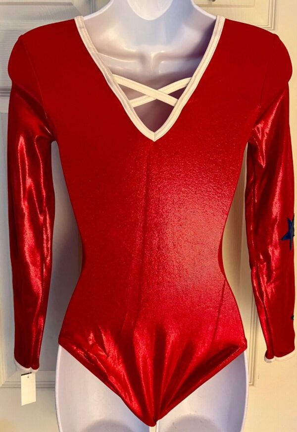 GK ELLgSLV LADIES SMALL RED FOIL BLUE WHITE STARS GYMNASTIC DANCE LEOTARD Sz AS - Image 7