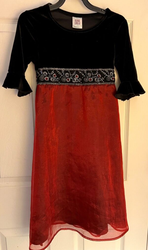 Brooke Lindsay Girl's Size 7 Black Velour Burgundy Sheer 3/4 Slv Maxi Dress SZ 7 - Image 4