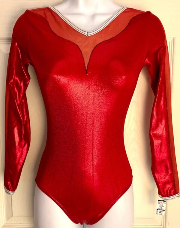 GK LgS RED MYSTIQUE ADULT SMALL RED MESH GYMNASTICS DANCE CHEER LEOTARD Sz AS