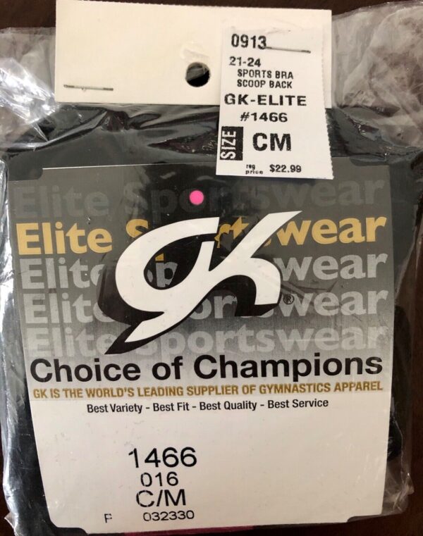 GK Elite BLACK SPORTS BRA CHILD MEDIUM Style #1466 Cotton Scoop Back CM NWT! - Image 3