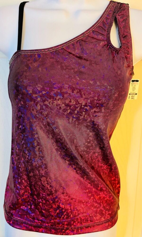 GK DANCE CHEER LADIES SMALL SPARKLE FUCHSIA FOIL ONE SHOULDER ASYM TOP Sz AS NWT