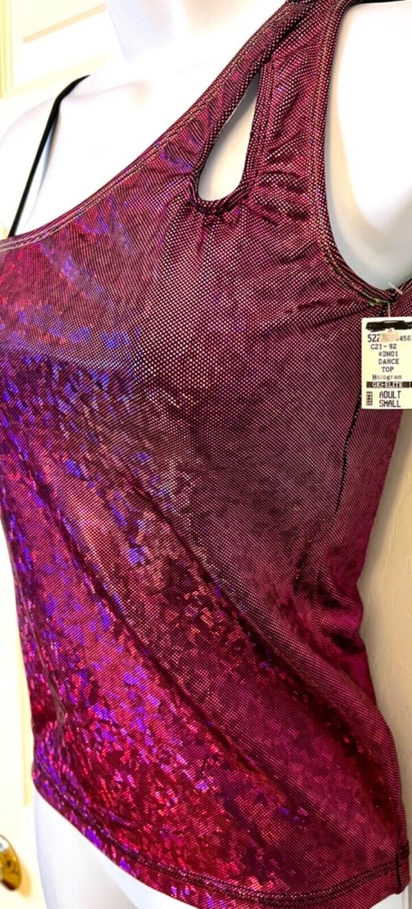 GK DANCE CHEER LADIES SMALL SPARKLE FUCHSIA FOIL ONE SHOULDER ASYM TOP Sz AS NWT - Image 4