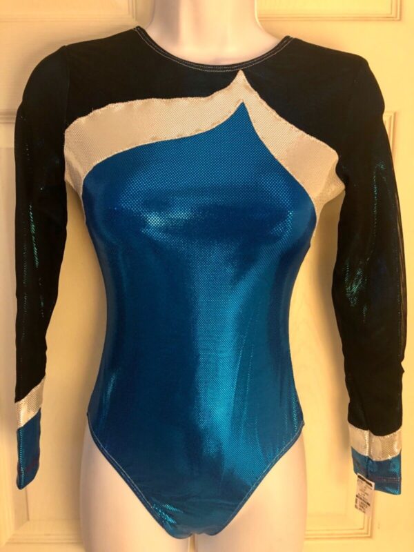 GK LgSLV LADIES SMALL BLACK VELVET BLUE SHIMMER MESH GYMNASTDANCE LEOTARD Sz AS