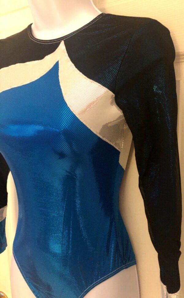 GK LgSLV LADIES SMALL BLACK VELVET BLUE SHIMMER MESH GYMNASTDANCE LEOTARD Sz AS - Image 6