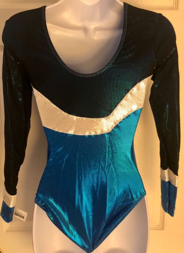 GK LgSLV LADIES SMALL BLACK VELVET BLUE SHIMMER MESH GYMNASTDANCE LEOTARD Sz AS - Image 7