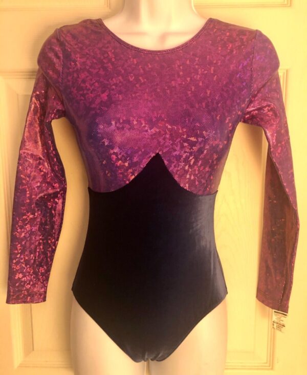 GK LgSLV LADIES SMALL FUSCHIA FOIL NAVY VELVET GYMNASTICS DANCE LEOTARD Sz AS