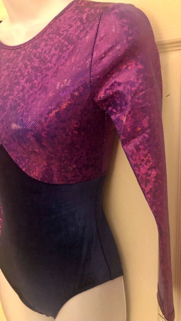 GK LgSLV LADIES SMALL FUSCHIA FOIL NAVY VELVET GYMNASTICS DANCE LEOTARD Sz AS - Image 4