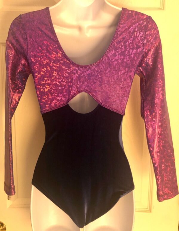 GK LgSLV LADIES SMALL FUSCHIA FOIL NAVY VELVET GYMNASTICS DANCE LEOTARD Sz AS - Image 5