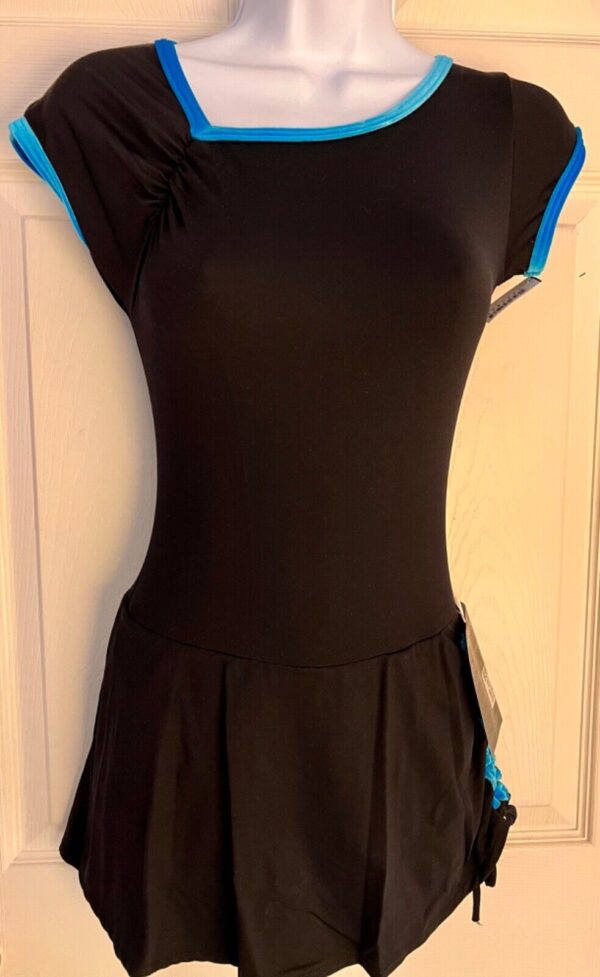 GK FIGURE SKATE ADULT SMALL ASYM CAP SLV BLACK TURQ VELVET CINCH SKIRT DRESS AS