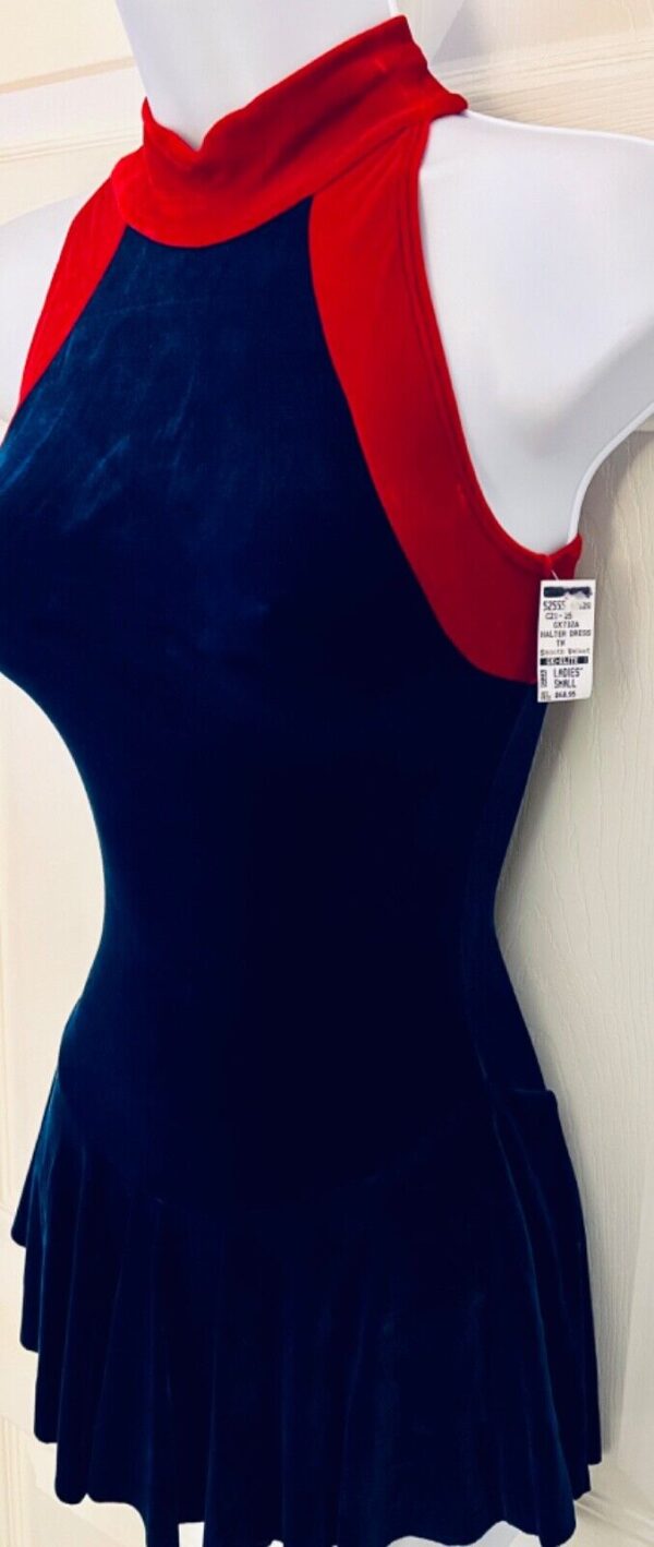 GK FIGURE SKATE LADIES SMALL RED BLUE VELVET TURTLENECK HALTER DRESS Sz AS NWT - Image 4