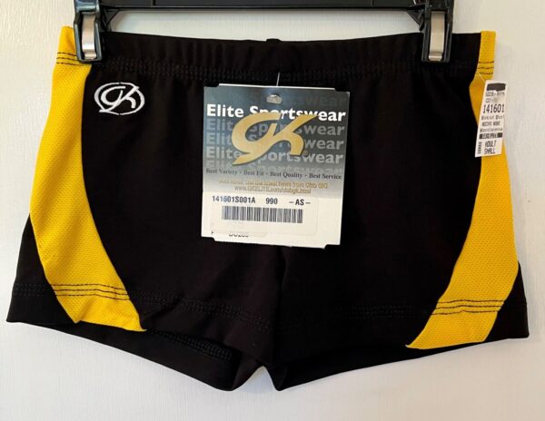 GK CHEER ADULT SMALL MICRO MINI BLACK NYLON/SPAN YELLOW MESH GYM DANCE SHORTS AS