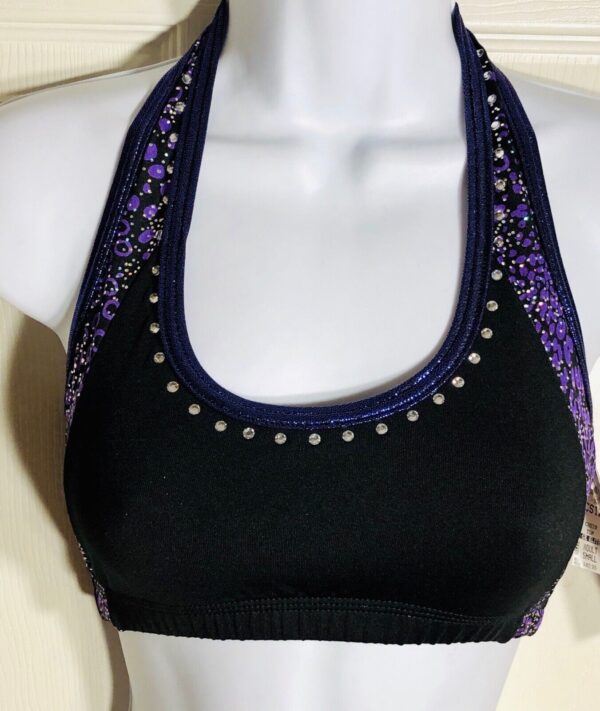 GK CHEER HALTER CROP TOP ADULT SMALL BLACK PURPLE MYSTIQUE PRINT CRYSTALS AS NWT