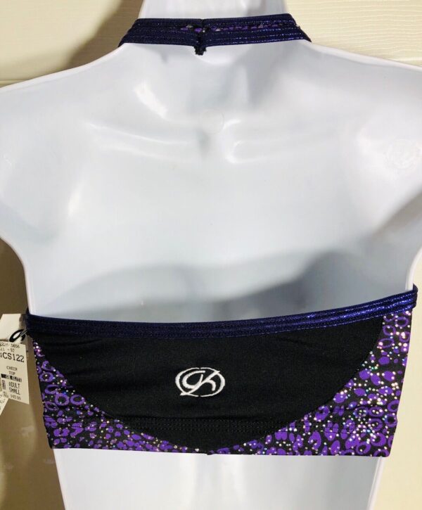 GK CHEER HALTER CROP TOP ADULT SMALL BLACK PURPLE MYSTIQUE PRINT CRYSTALS AS NWT - Image 2