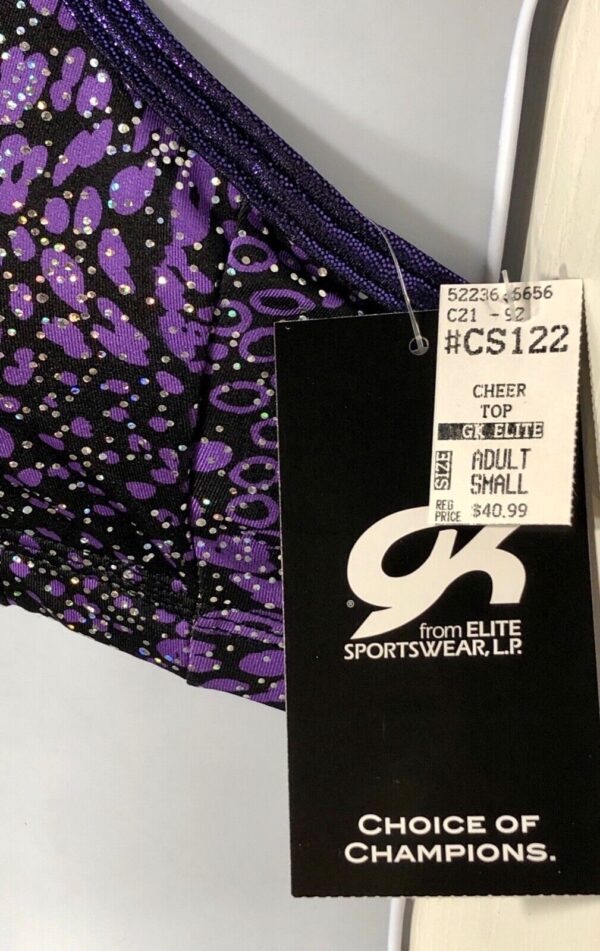 GK CHEER HALTER CROP TOP ADULT SMALL BLACK PURPLE MYSTIQUE PRINT CRYSTALS AS NWT - Image 4