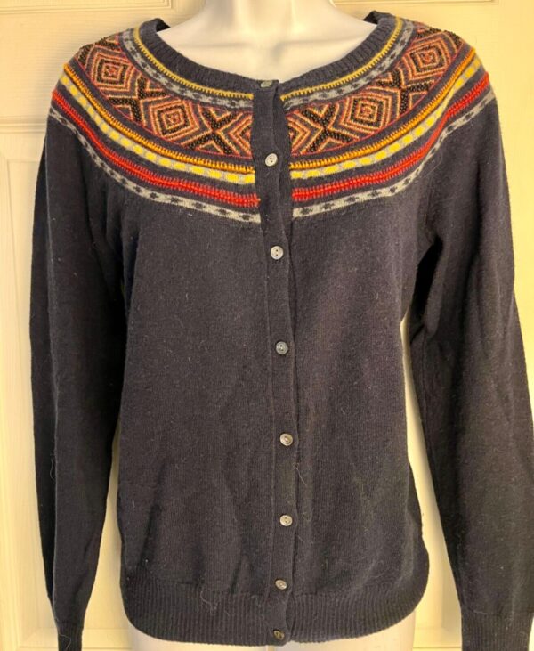 LUCKY BRAND WOMENS MEDIUM WOOL/COTTON NAVY & MULTI COLOR BEADED CARDIGAN SWEATER