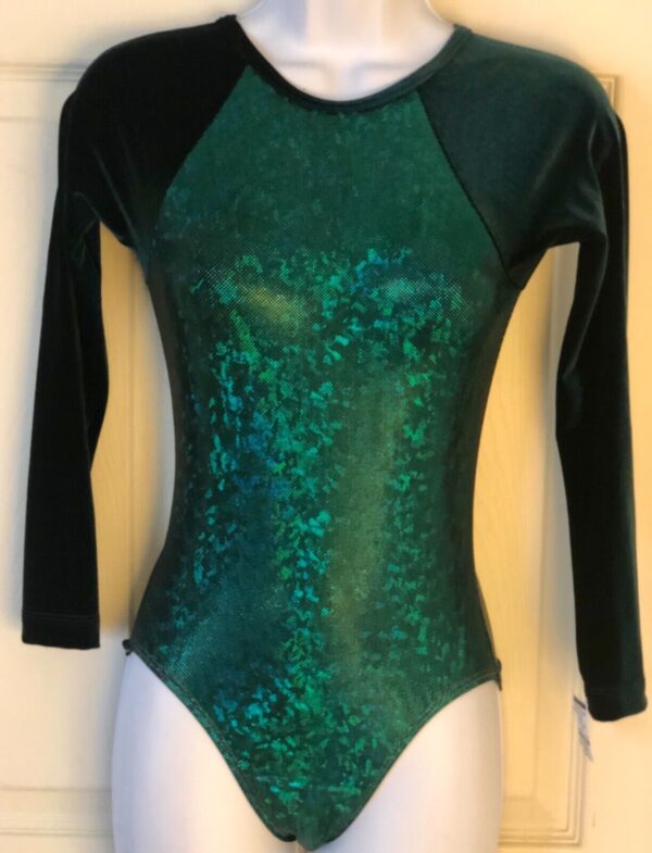 GK LgSLV ADULT SMALL EMERALD VELVET SHATTERGLASS GYMNASTS DANCE LEOTARD Sz AS