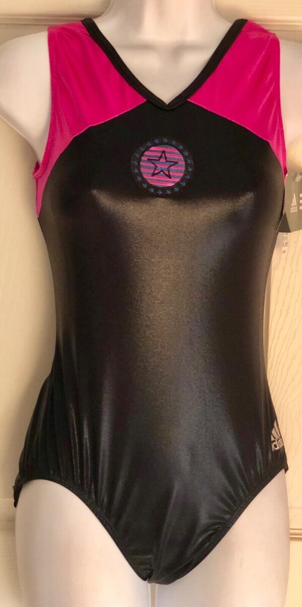 ADIDAS TANK ADULT SMALL GYMNASTICS DANCE GK LEOTARD BLACK PINK FOIL STAR AS NWT!