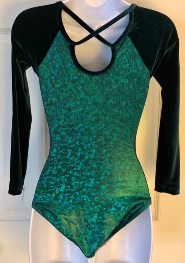 GK LgSLV ADULT SMALL EMERALD VELVET SHATTERGLASS GYMNASTS DANCE LEOTARD Sz AS - Image 3