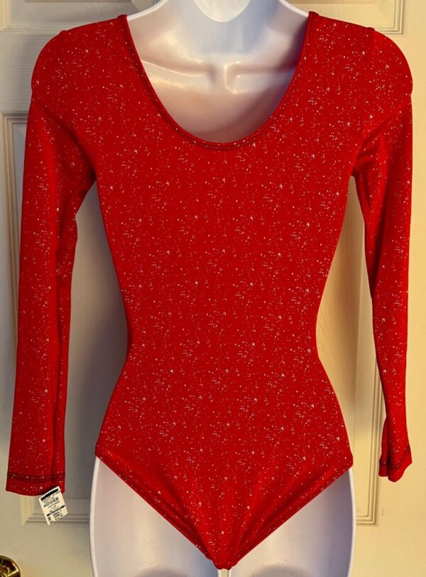 GK LgSLV LADIES SMALL RED NYLON/SPANDEX FOIL PRINT GYMNASTS DANCE LEOTARD Sz AS - Image 5