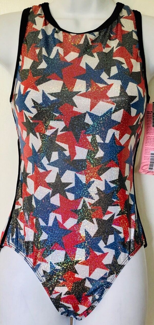 GK TANK LEOTARD ADULT LARGE FOIL STAR PRINT BLACK VELVET TRIM GYMNASTS DANCE AL