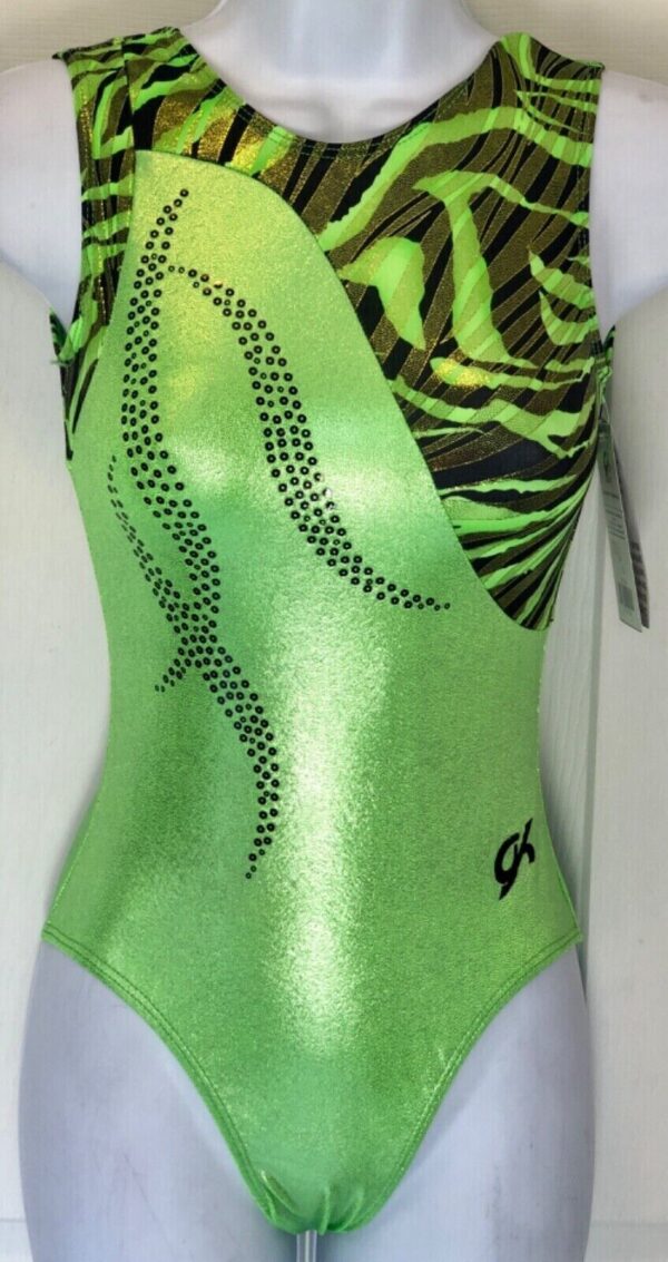 GK ELITE LIME FOIL TANK ADULT SMALL BLACK SEQUINZ GYMNASTICS DANCE LEOTARD SZ S