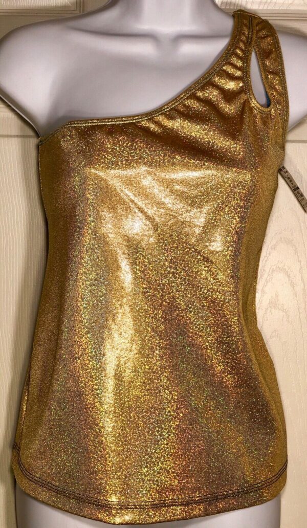 GK Elite Gold Hologram One Shoulder Dance Top Poly Size Adult XL