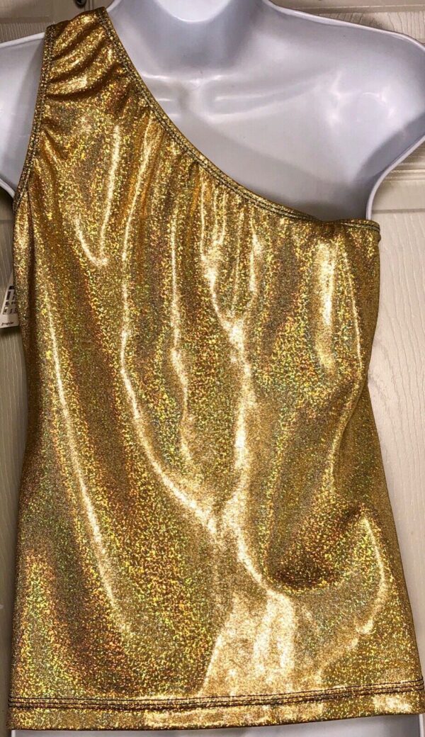 GK Elite Gold Hologram One Shoulder Dance Top Poly Size Adult XL - Image 2