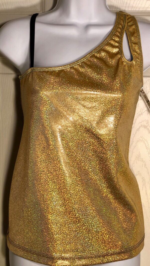 GK Elite Gold Hologram One Shoulder Dance Top Poly Size Adult XL - Image 3