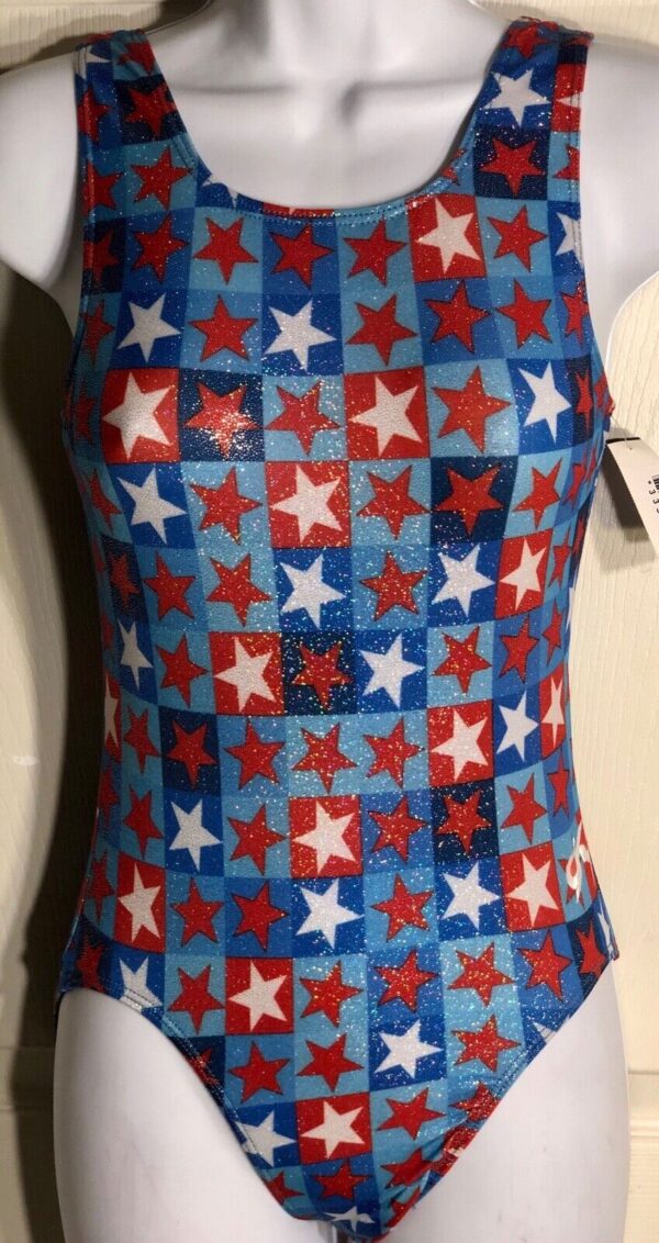 GK LEOTARD ADULT MEDIUM PATRIOTIC STAR PRINT FOIL TANK GYMNASTIC DANCE NWT! AM