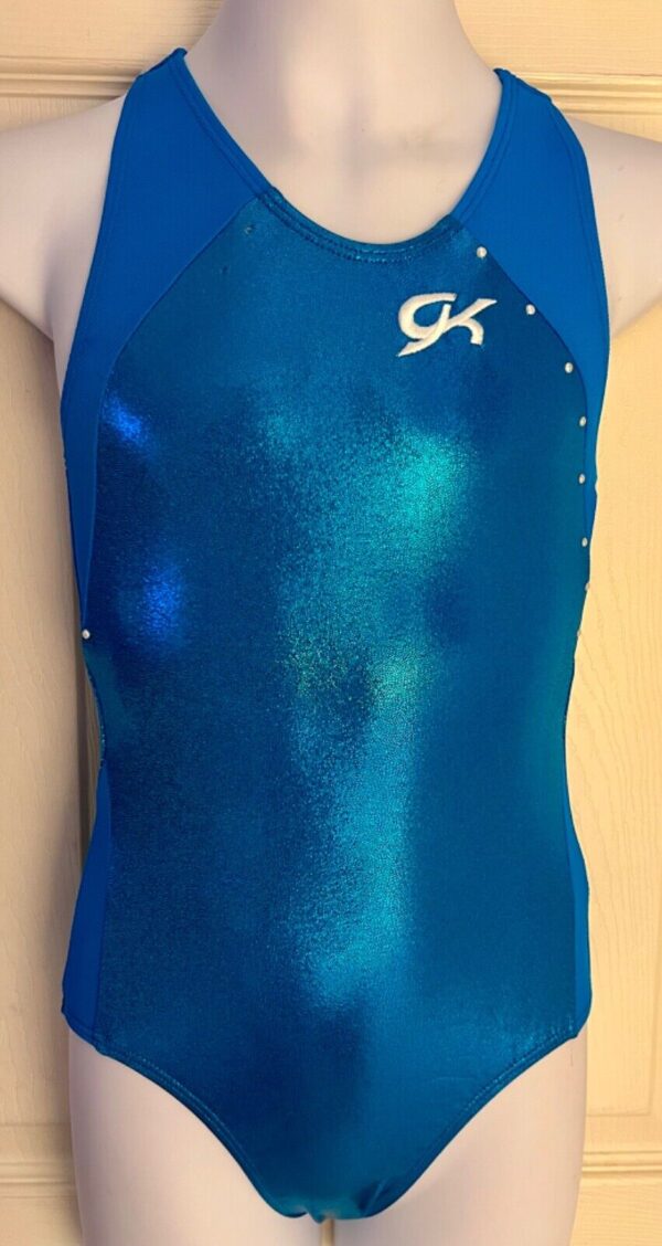 GK TURQUOISE FOIL TECHMESH CHILD MEDIUM WHITE PEARLS GYMNAST RACERBACK LEOTARD M