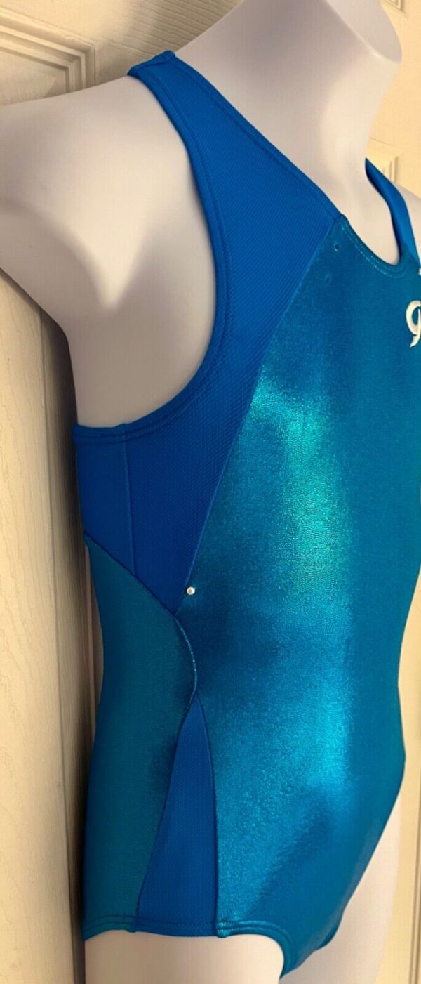 GK TURQUOISE FOIL TECHMESH CHILD MEDIUM WHITE PEARLS GYMNAST RACERBACK LEOTARD M - Image 2