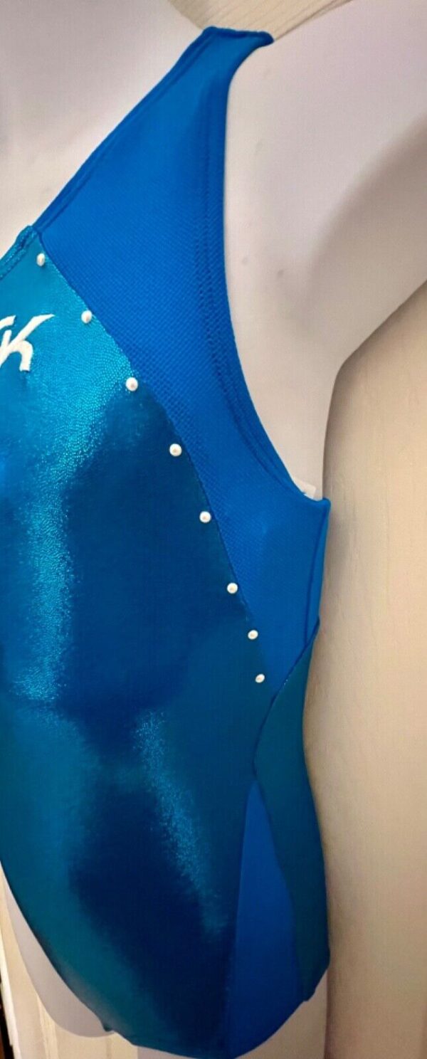 GK TURQUOISE FOIL TECHMESH CHILD MEDIUM WHITE PEARLS GYMNAST RACERBACK LEOTARD M - Image 5